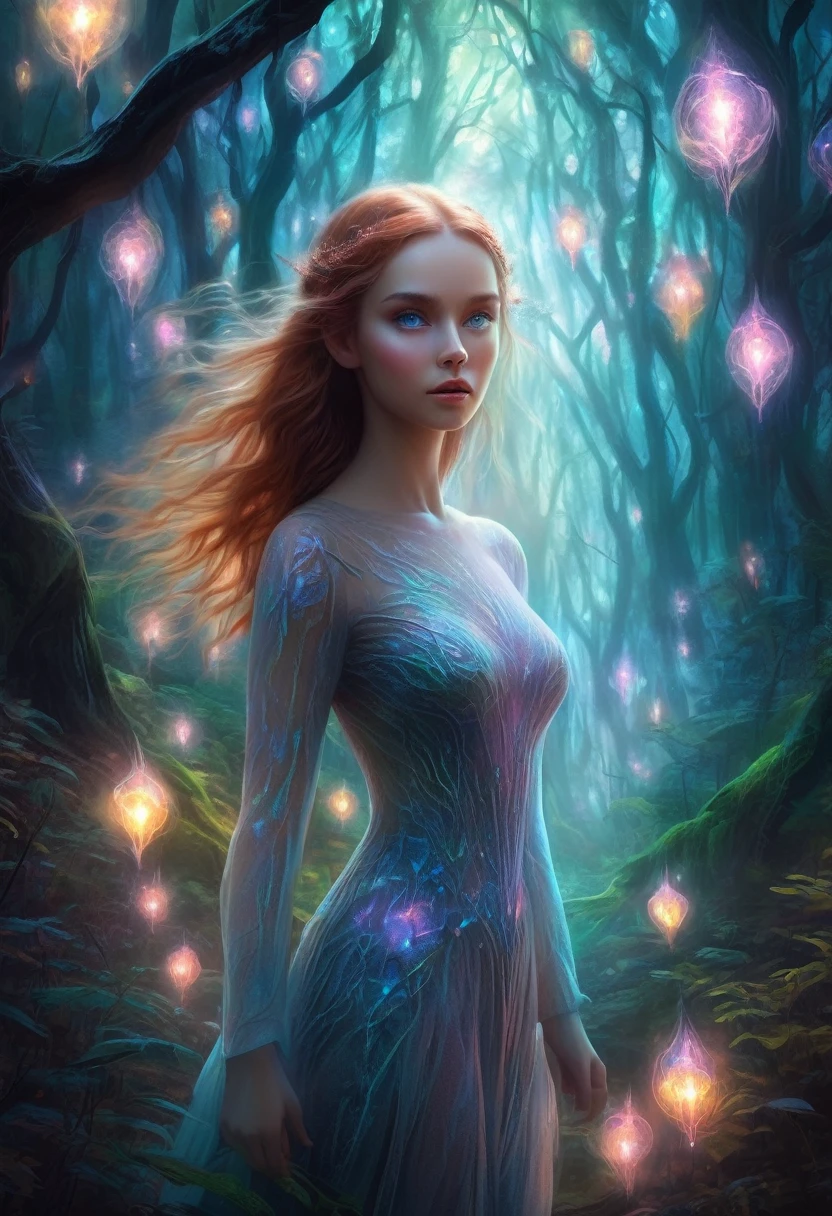 portrait,In this fantasy painting,a girl with a translucent glowing Body wanders through a mysterious forest,Surrounded by strange lights,superior_Body,