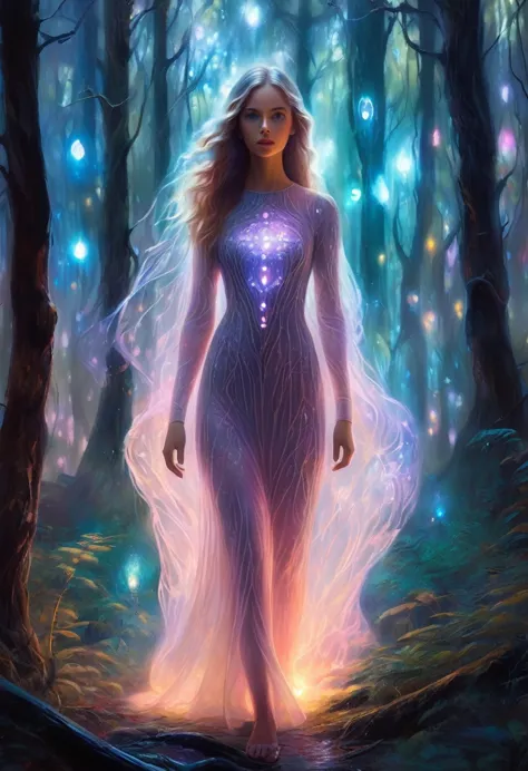 portrait,in this fantasy painting,a girl with a translucent glowing body wanders through a mysterious forest,surrounded by stran...