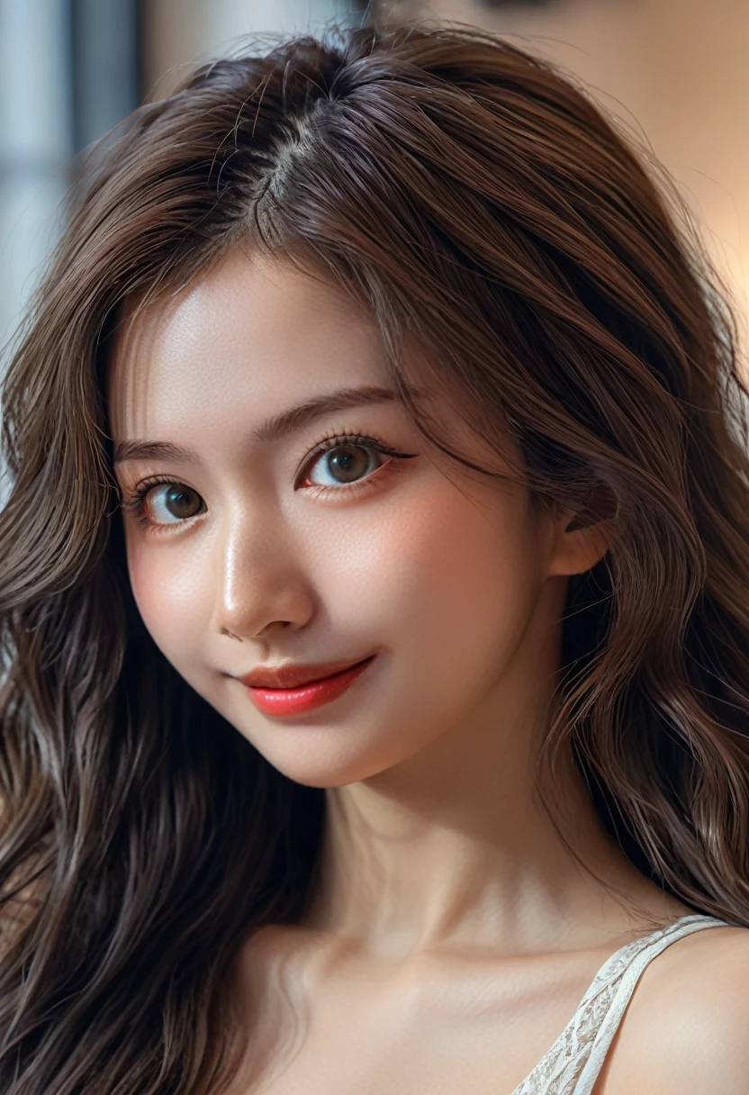 HIMESANA, highest quality, detailed background at home, (picture shows face and body together::1.3), lowest lux, lighting face, she's comfortable, wearing tight dress, (8k, Raw photo, Highest quality),(epic realistic:1.5), a woman, (detailed eyes:0.8),(looking sideway:1.2), (Highest quality), (loft light),Intricate details,cinematic,((detailed rough skin:1.4)), long hair, messy ,(Hdr:1.5),Detailed, Superior quality, Masterpiece, Raw Photo, natural, perfect composition, smiling expression, Captivating eyes, Bright details, Tight lips, (High Skin Detail), Canon 5d, 50mm lens, f/4 apertures, (Ultra-detailed, Complex detail), sharp focus, soft colors, 8k, Absurd, 80mm, DLSR photography