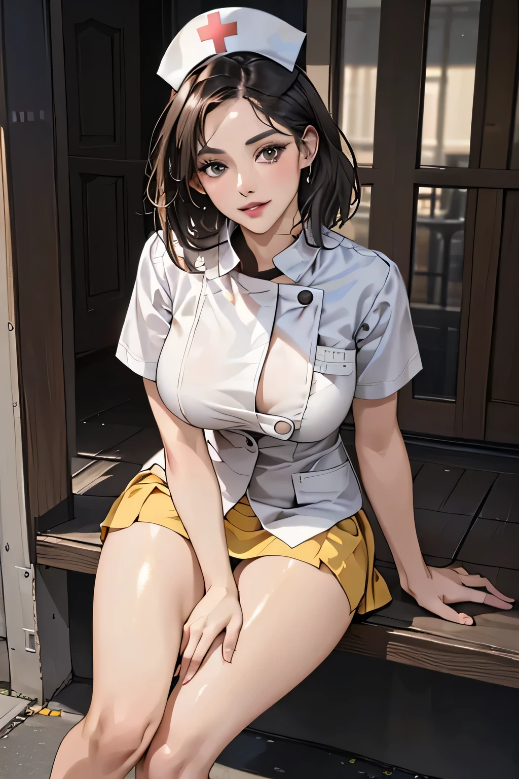 1 female, (40 years old), ((Nurse cap, nurse uniform and mini skirt)), masterpiece, Big Breasts, Sit down and open your legs、Yellow panties、with those feet、Big Hips, (very tanned and shiny skin),  (Skin dents), photoRealistic, Realistic, alone, photoRealistic, Highest quality, Ultra-high resolution, Yura S, Outdoor, colorful, Lips parted, Daytime setting, beautiful, masterpiece, Highest quality, Very detailed顔, Perfect lighting, Ultra-high resolution, Very detailed 