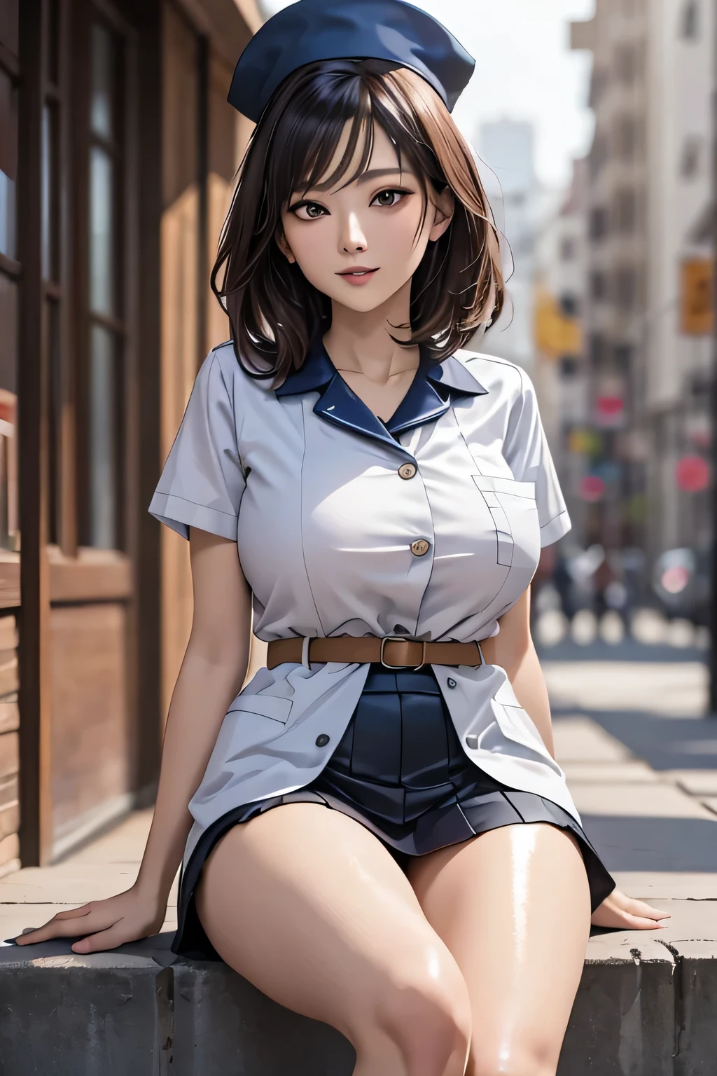 1 female, (40 years old), ((Nurse cap, nurse uniform and mini skirt)), masterpiece, Big Breasts, Sit down and open your legs、Yellow panties、with those feet、Big Hips, (very tanned and shiny skin),  (Skin dents), photoRealistic, Realistic, alone, photoRealistic, Highest quality, Ultra-high resolution, Yura S, Outdoor, colorful, Lips parted, Daytime setting, beautiful, masterpiece, Highest quality, Very detailed顔, Perfect lighting, Ultra-high resolution, Very detailed 