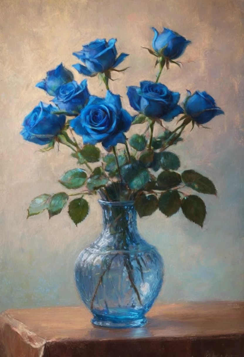 [best quality,ultra-detailed],(expensive,exquisite:1.1),(realistic,photorealistic:1.37),beautiful detailed blue rose,cut crystal vase,soft lighting,gentle shadows,vibrant colors,delicate petals,fine details,subtle reflections,high contrast,shimmering glass,crisp edges,artistic composition,studio lighting,gorgeous centerpiece,romantic atmosphere