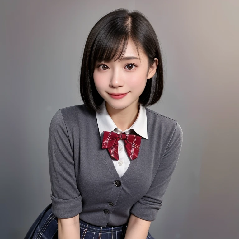 (kawaii 18 year-old Japanese girl is standing on the floor, leaning forward, reaching two hands for one's knees, Nogizaka idol, Korean idol), healthy female athlete body, (glossy black hair, short hair, pixie cut, bangs:1.3), (rounded face, pure black eyes, single eyelid, no makeup, splashing smile:1.2), (wearing Japanese school uniforms, blazer jacket, collared shirt, bow tie:1.3), extra small breasts, (plaid skirt, bare thighs visible:1.2), BREAK, (simple grey background:1.3), (dynamic angle, cowboy shot, thigh focus:1.2), BREAK, (masterpiece, best quality, photo realistic, official art:1.4), (UHD, 8K quality wallpaper, high resolution, raw photo, golden ratio:1.3), (shiny skin), professional lighting, physically based rendering, award winning, (highly detailed skin, extremely detailed face and eyes, anatomically correct body), Carl Zeiss 85 mm F/1.4, depth of field, 1girl, solo,