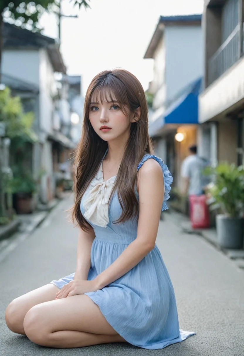 HIMESANA, Sony Alpha a7 III taken Photography, High Resolution, Candid Shot, (Full bdy shot::1.3) A beautiful girl with long hair, Sitting on the ground outside,showing her feet, wherein short dress