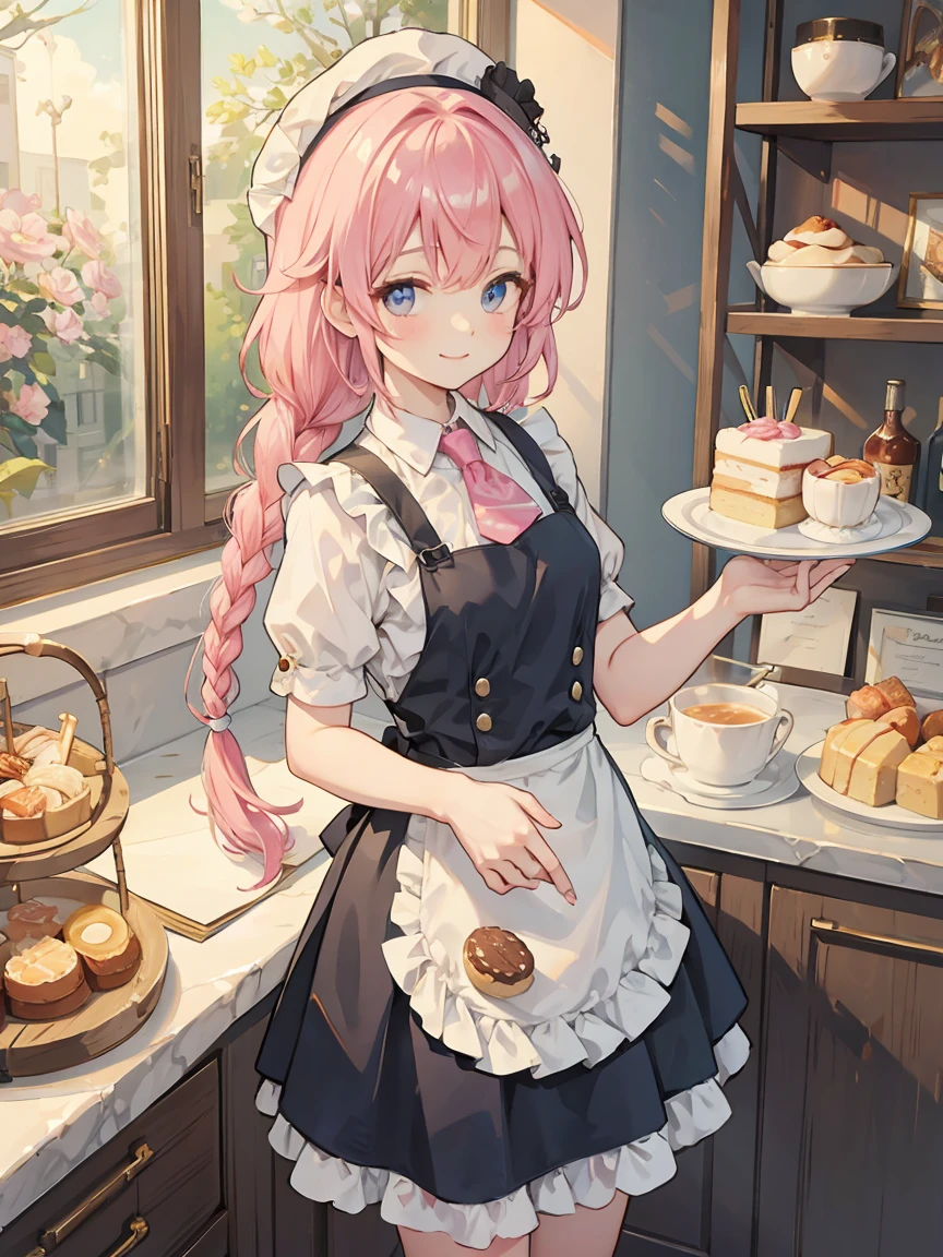 perfect eyes, soft light, high quality, 4k resolution, masterpiece, textured skin, high details, detailed face, detailed eyes, best quality, award winning, super detail, high quality, Pastry chef, confectionery maker, apron, pink hair, braid, hairpin, smile, happy, Impressionism, Monet, Cake shop, decorating cakes in the kitchen