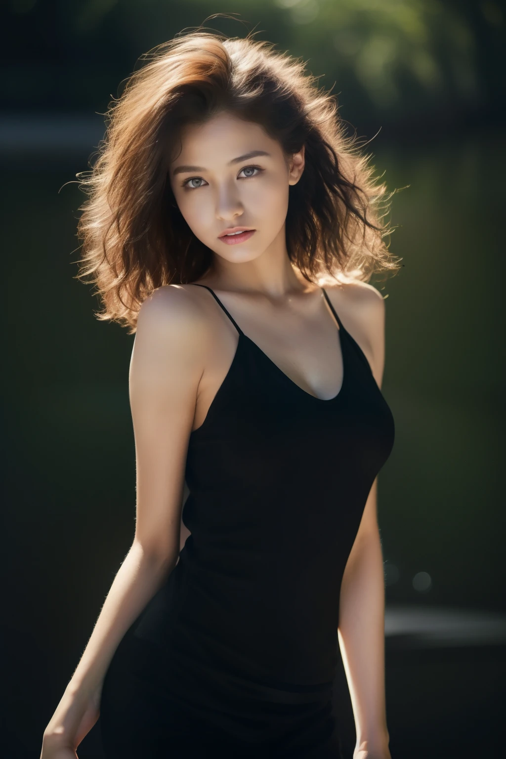 beautiful young woman with, Black Camisole Dress, hyper realisitic, , Body of the model, Small breasts, Beautiful breasts, Middle hair, Curly hair, Long legs, 8K, Sunlight, Ambient lighting,  (quality: 1.2), (Rembrandt lighting: 1.3), (savanna: 1.2), (telephoto) and stunning background, In front of the lake, Fortnite Mesh Capture, Realism in the game style since、very small breasts、.small 、extremely small breasts、A-cup breasts、Model body type、Slimed、A slender