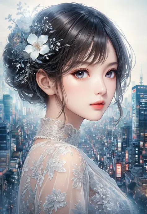 double exposure of a beautiful and delicate lady(face clear and perfect)image，the backdrop is a hyper-detailed tokyo city perfec...