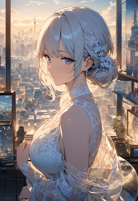 double exposure of a beautiful and delicate lady(face clear and perfect)image，the backdrop is a hyper-detailed tokyo city perfec...