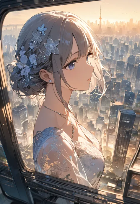 double exposure of a beautiful and delicate lady(face clear and perfect)image，the backdrop is a hyper-detailed tokyo city perfec...