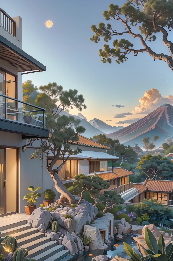 small and beautiful modern house in top of big boulders, terraces, pool, stairs, multiple cacti gardens, palms, trees, rocks, beautiful landscape design, mountains and volcano y background, amazing clouds, sun, moon, planets, milky way galaxy, concrete, wood, glass and steel materials, olive green, violet, orange and withe colors in facade