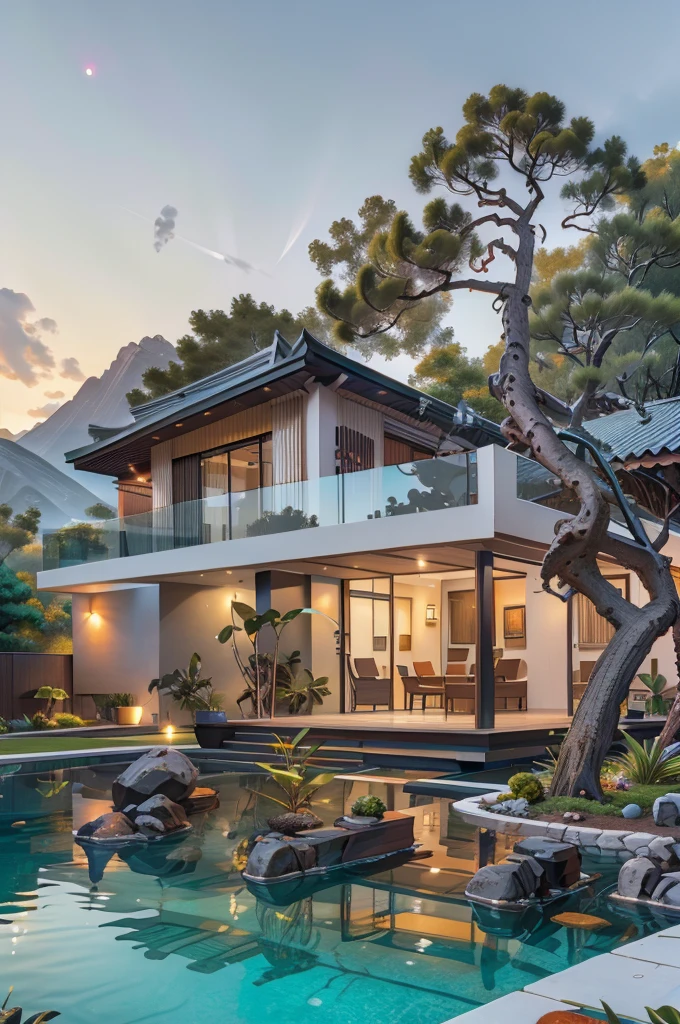 small and beautiful modern house in top of big boulders, terraces, pool, stairs, multiple cacti gardens, palms, trees, rocks, beautiful landscape design, mountains and volcano y background, amazing clouds, sun, moon, planets, milky way galaxy, concrete, wood, glass and steel materials, olive green, violet, orange and withe colors in facade