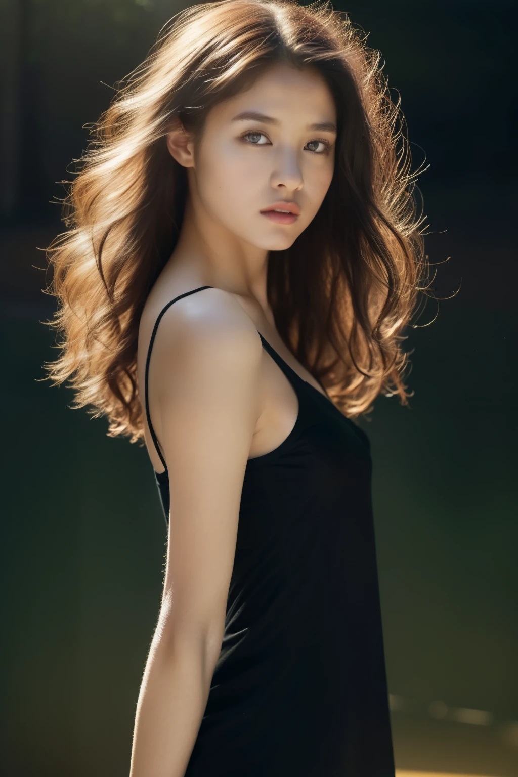 beautiful young woman with, Black Camisole Dress, hyper realisitic, , Body of the model, Small breasts, Beautiful breasts, Middle hair, Curly hair, Long legs, 8K, Sunlight, Ambient lighting,  (quality: 1.2), (Rembrandt lighting: 1.3), (savanna: 1.2), (telephoto) and stunning background, In front of the lake, Fortnite Mesh Capture, Realism in the game style since、very small breasts、.small 、extremely small breasts、A-cup breasts、Model body type、Slimed、A slender