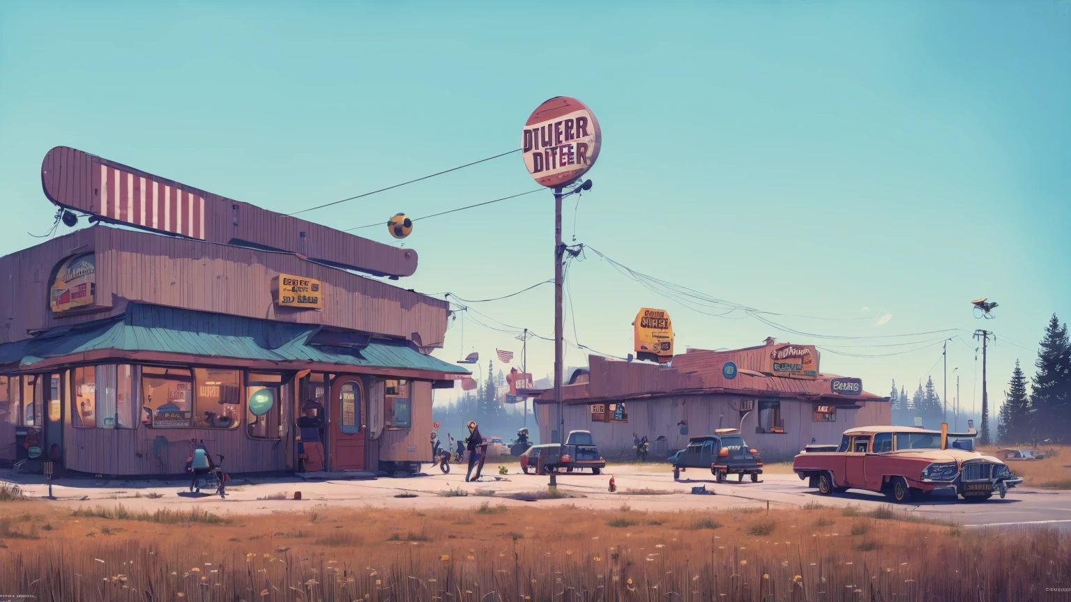 (lora:21Stalenhag:1),(masterpiece), (best quality), (ultra-detailed), (best illustration), (best shadow), (absurdres),((draw by Simon Stlenhag)), Simon Stlenhag style,SIMON STÅLENHAG,(((American Diner))), Americana Architecture