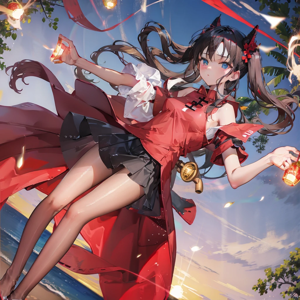 Double tail，The Red Cross' short-sleeved shirt，Black skirt，black stockings，Small Breasts，On the rooftop at night