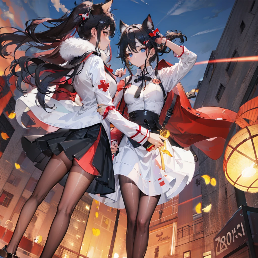 Double tail，The Red Cross' short-sleeved shirt，Black skirt，black stockings，Small Breasts，On the rooftop at night