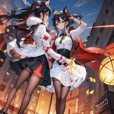 double tail，the red cross' short-sleeved shirt，black skirt，black stockings，small breasts，on the rooftop at night