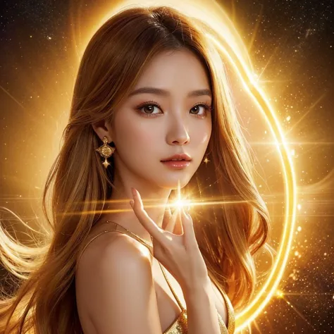 close-up of a woman wearing a golden dress、the background is shining with a halo.、abstract images, beautiful celestial magician,...