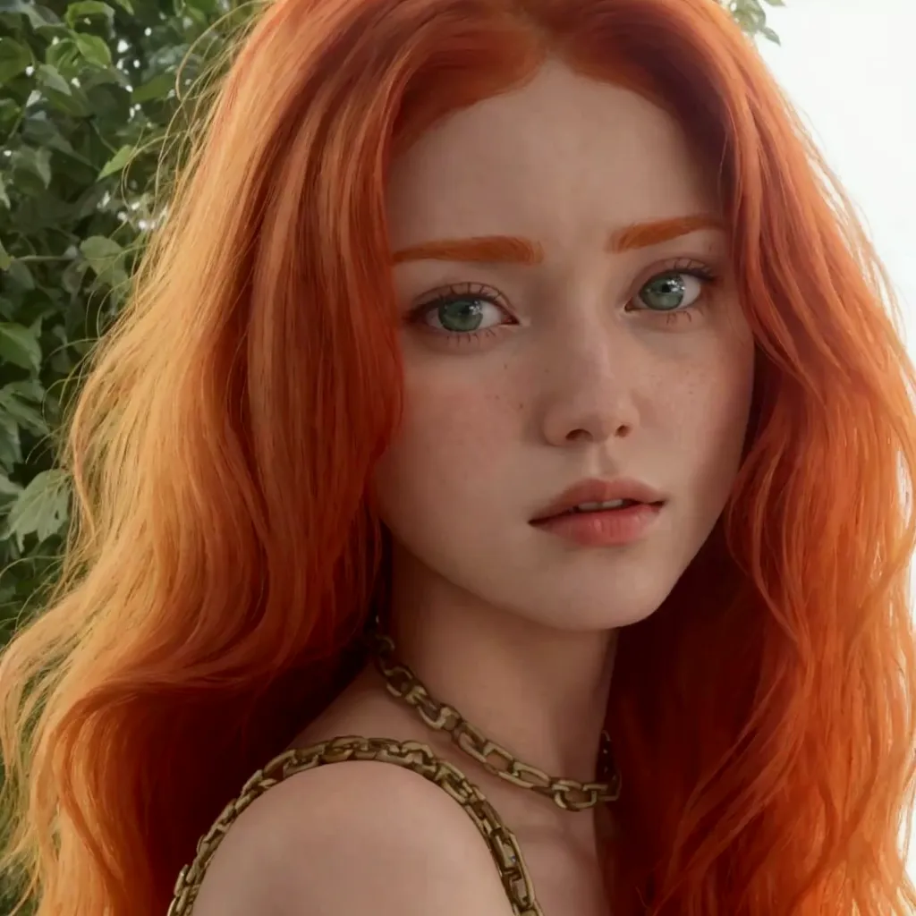 a close-up of a redhead woman with a chain around her neck, she has long orange hair, sadie sink, orange peel and long fiery hai...