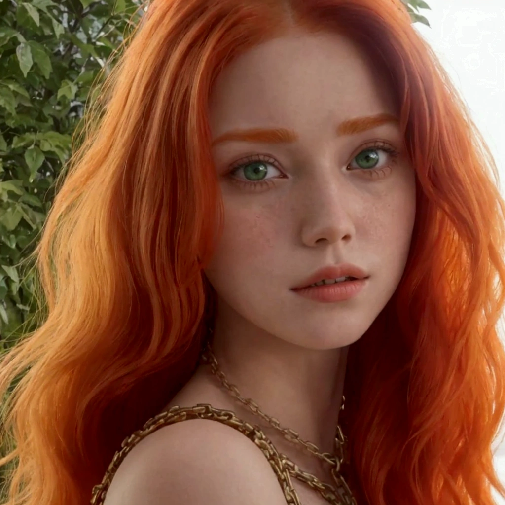 a close-up of a redhead woman with a chain around her neck, she has long orange hair, sadie sink, Orange peel and long fiery hair., red hair and attractive features, redhead goddess, ginger wavy hair, Red head, She has long orange-brown hair., redhead girl, with red hair and green eyes, hada ellie bamber