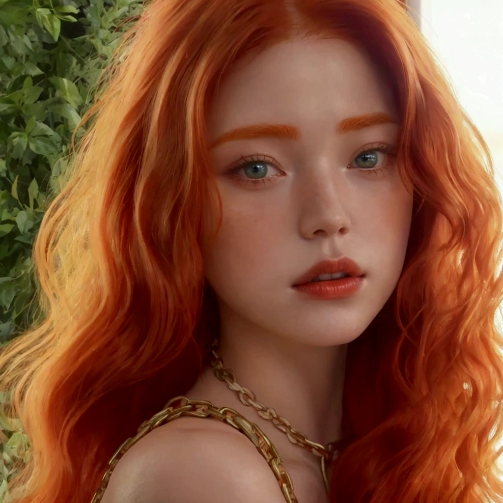 a close-up of a redhead woman with a chain around her neck, she has long orange hair, sadie sink, Orange peel and long fiery hair., red hair and attractive features, redhead goddess, ginger wavy hair, Red head, She has long orange-brown hair., redhead girl, with red hair and green eyes, hada ellie bamber