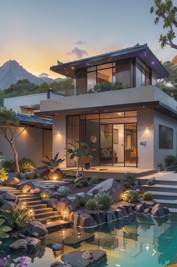 small and beautiful modern house in top of big boulders, terraces, pool, stairs, multiple cacti gardens, palms, trees, rocks, beautiful landscape design, mountains and volcano y background, amazing clouds, sun, moon, planets, milky way galaxy, concrete, wood, glass and steel materials, olive green, violet, orange and withe colors in facade