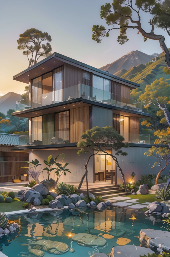 small and beautiful modern house in top of big boulders, terraces, pool, stairs, multiple cacti gardens, palms, trees, rocks, beautiful landscape design, mountains and volcano y background, amazing clouds, sun, moon, planets, milky way galaxy, concrete, wood, glass and steel materials, olive green, violet, orange and withe colors in facade