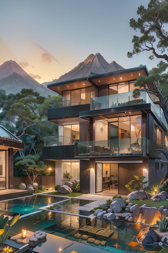 small and beautiful modern house in top of big boulders, terraces, pool, stairs, multiple cacti gardens, palms, trees, rocks, beautiful landscape design, mountains and volcano y background, amazing clouds, sun, moon, planets, milky way galaxy, concrete, wood, glass and steel materials, olive green, violet, orange and withe colors in facade