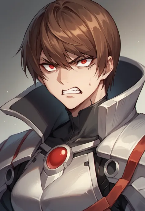 anime 37 year old federal agent, bussiness suit, cyborg, angry and embittered, red eyes, brown hair, elite agent