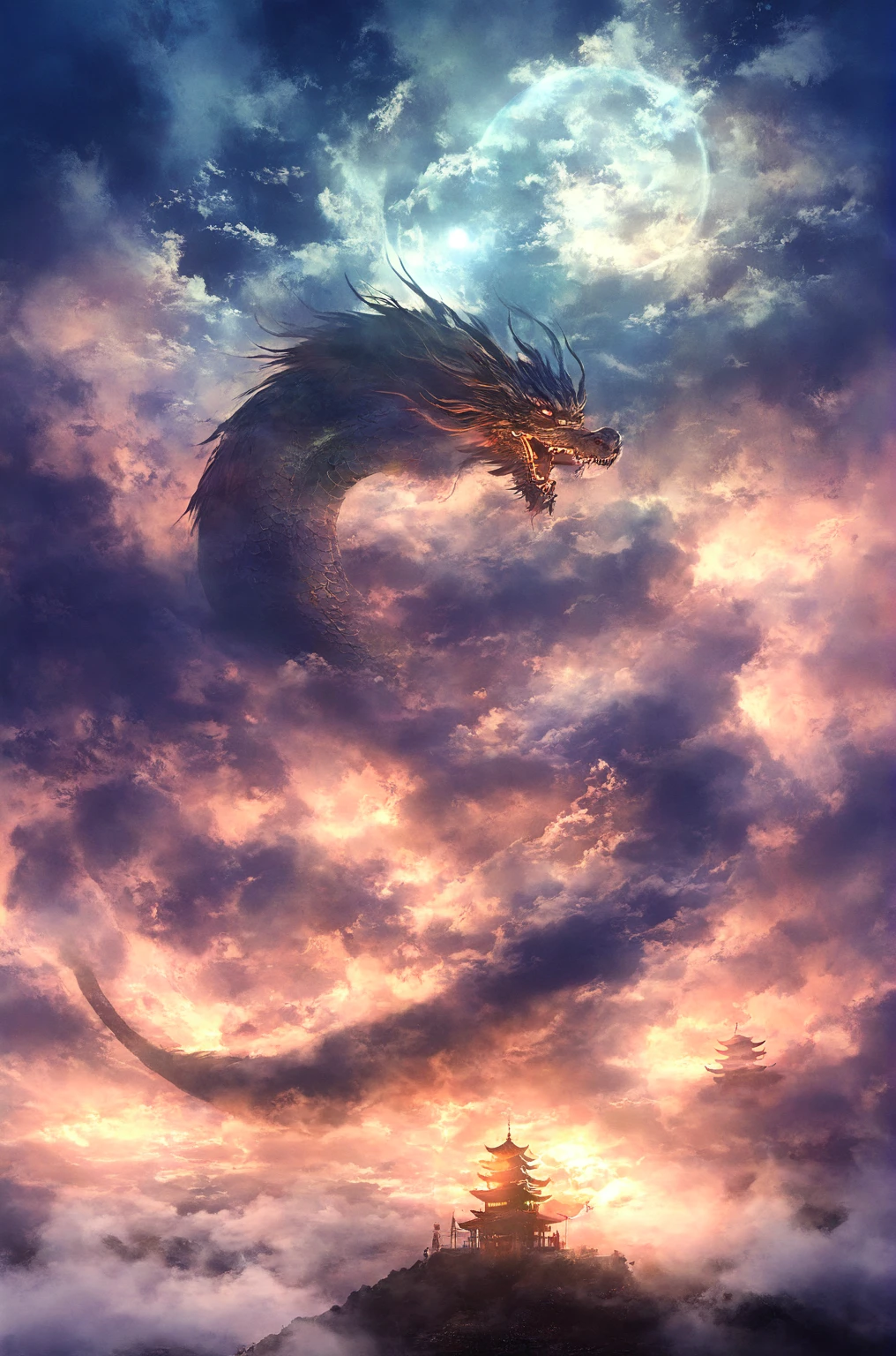 (cloud, fog, Mysteriously glowing, Oriental dragon shape), fly in the sky,  Fantasy art, 巨大なドラゴンのfog, (night:1.4)