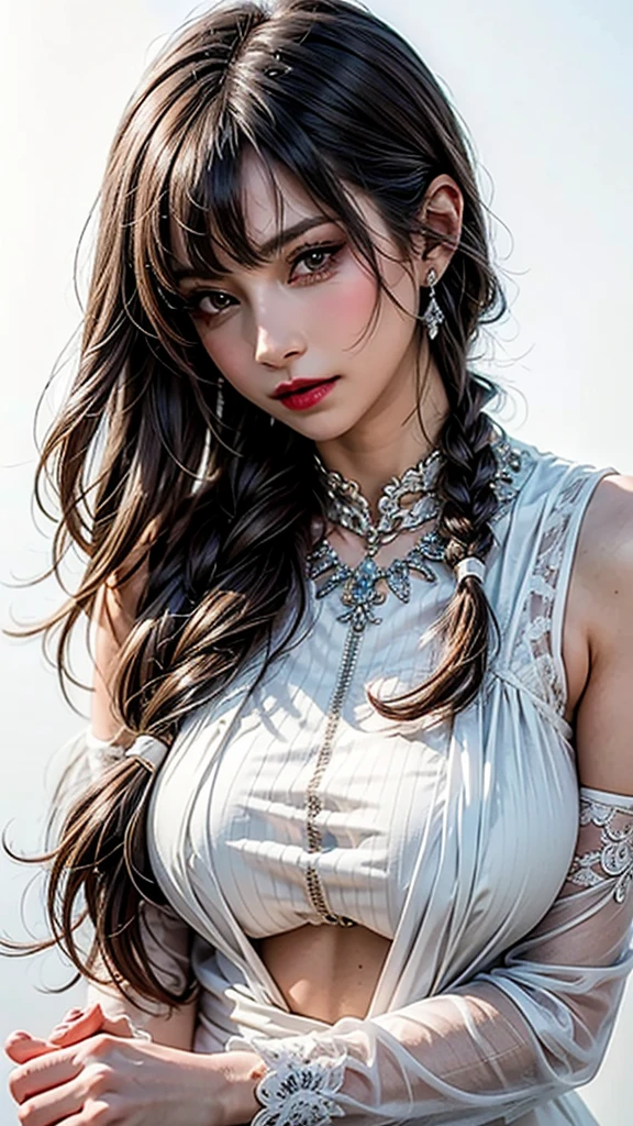 ((Beautiful Face:1.4)), (Purelos Face_v1: 1.0), Half Body,((White simple background)),Lynn Minmay, One girl, alone, Monochrome, Braiding, View your viewers, dress, Long Hair, Traditional Media, sign, bangs, compensate, with own hands, Black Hair, Upper Body, lipstick, Drill Hair, artist name, twin Braidings, Bridal Gauntlet, No sleeve,