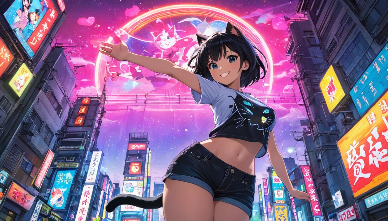 (((wide angle shot, from below, full body))), Girl, black hair, medium breast, jumping, spread arms and arms up, smile, T-shirt, White, Art, Retro, Cartoon Collage, ((little black cat on sholder)), tokyo city night background, neon light, detailed background, Anime Style