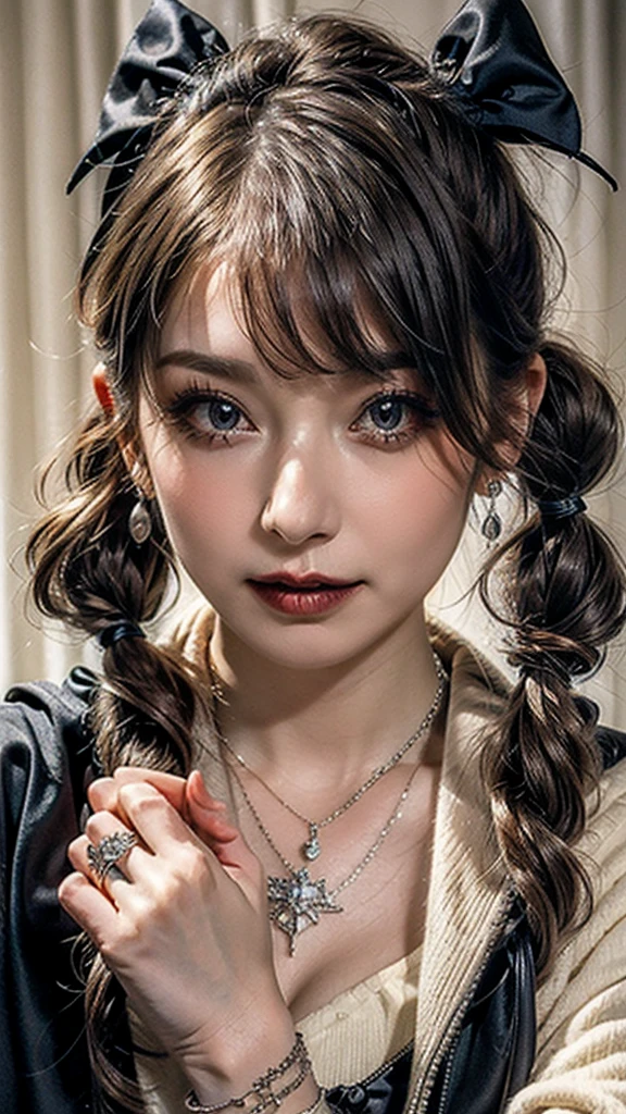  ((Beautiful Face:1.4)), (Purelos Face_v1: 1.0), Half Body,((Twin tails)), Silver Hair, hoodie,(( Vintage Gothic)), Pause, cute, Look up, high quality, necklace, ring, bracelet, Earrings,