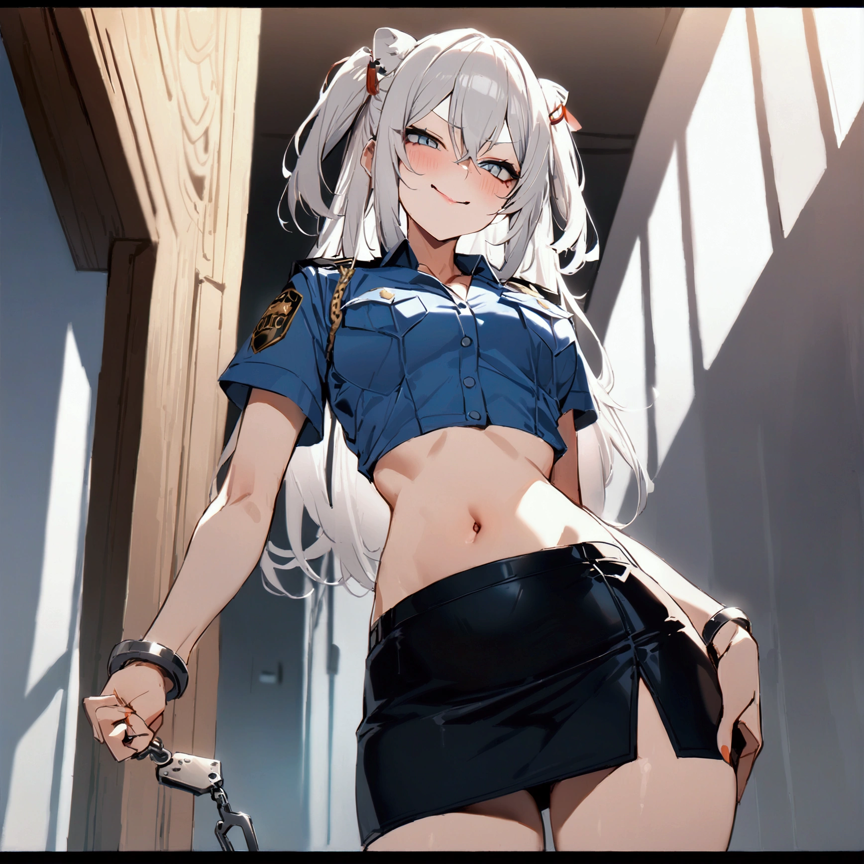 NSFW,masterpiece,Highest quality,High resolution,Super detailed,Shishirabotan\(Hololive\),Long Hair、Two Side Up,(((police costume))),navel,pencil skirt,evil smile,hanging handcuffs,standing