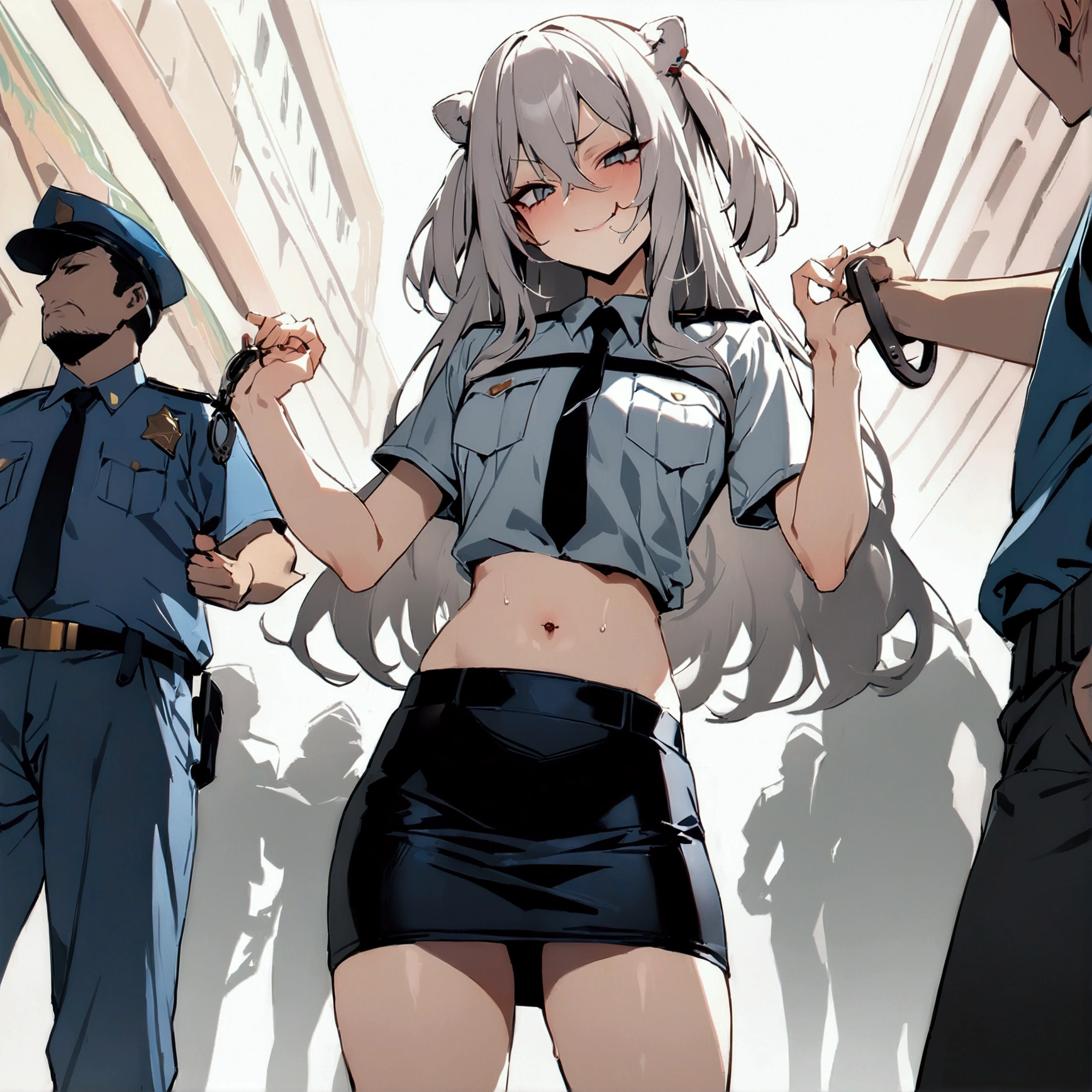 NSFW,masterpiece,Highest quality,High resolution,Super detailed,Shishirabotan\(Hololive\),Long Hair、Two Side Up,(((police costume))),navel,pencil skirt,evil smile,hanging handcuffs,standing