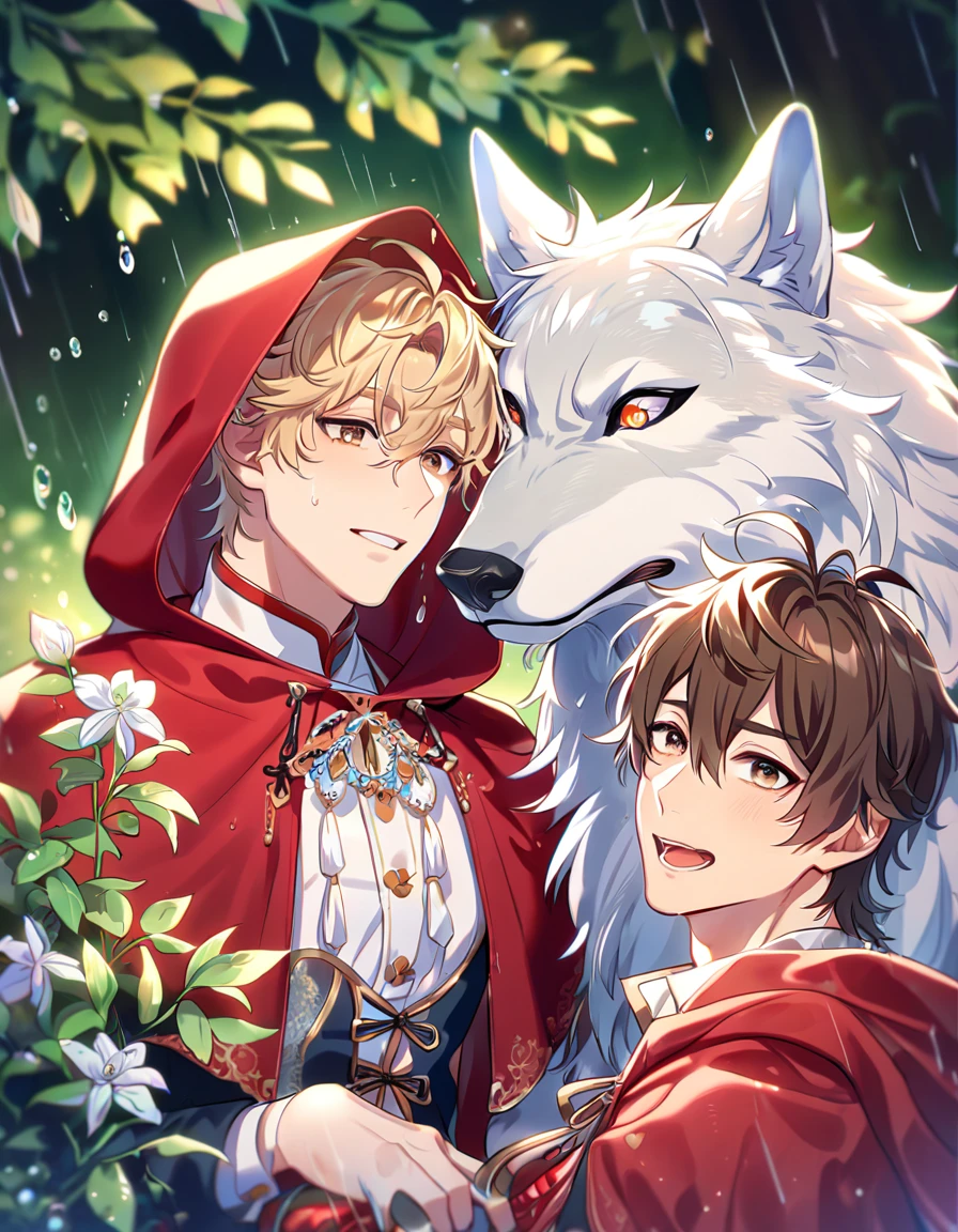 absurdres, highres, ultra detailed, HDR, master piece, best quality, extremely detailed, detailed eyes, Quincy as the wolf, blonde hair, messy hair, hair between the eyes, expressive amber eyes, wolf ears, Nu Carnival, Eiden as the red riding hood, brown hair, expressive brown eyes, two sexy men together, yaoi, gay couple, The Red Riding Hood And The Wolf team, fantasy clothes, red hooded cape, spring, flowers, green leaves, magical forest, fantasy, rain, night