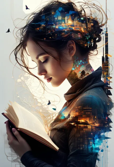 midjourney, mj, midjourney style, poster, light background, close-up, mysterious silhouette woman in a book, by minjae lee, carn...