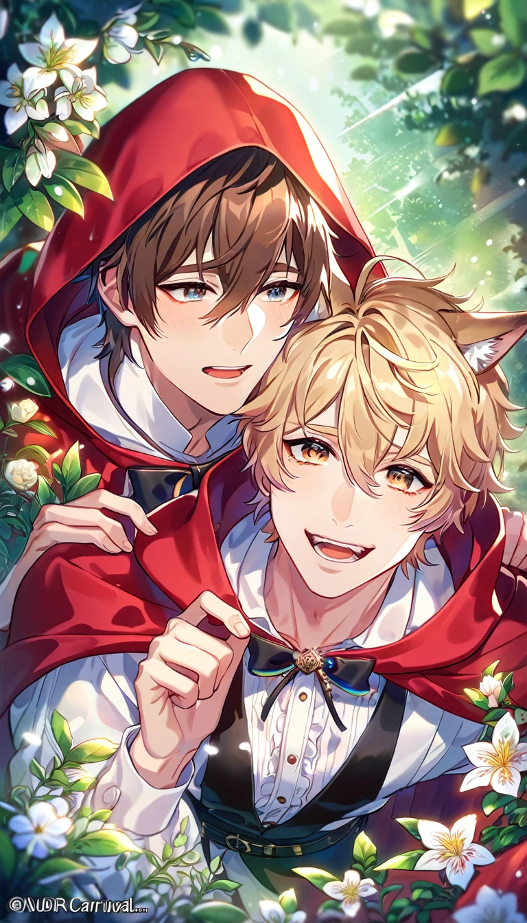 absurdres, highres, ultra detailed, HDR, master piece, best quality, extremely detailed, detailed eyes, Quincy as the wolf, blonde hair, messy hair, hair between the eyes, expressive amber eyes, wolf ears, Nu Carnival, Eiden as the red riding hood, brown hair, expressive brown eyes, two sexy men together, yaoi, gay couple, The Red Riding Hood And The Wolf, fantasy clothes, red hooded cape, spring, flowers, green leaves, magical forest, fantasy, rain, night