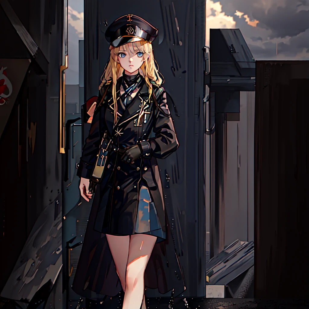 ((masterpiece, best quality)), (1girl), (solo), (female focus), (short blonde, undercut), blue eyes, (black cap), black military uniform, (black trench coat, long trench coat), wet clothes, (hands in pockets), (heavy rain, cloudy, cloudy), standing, short blonde, short blonde, short blonde, short blonde