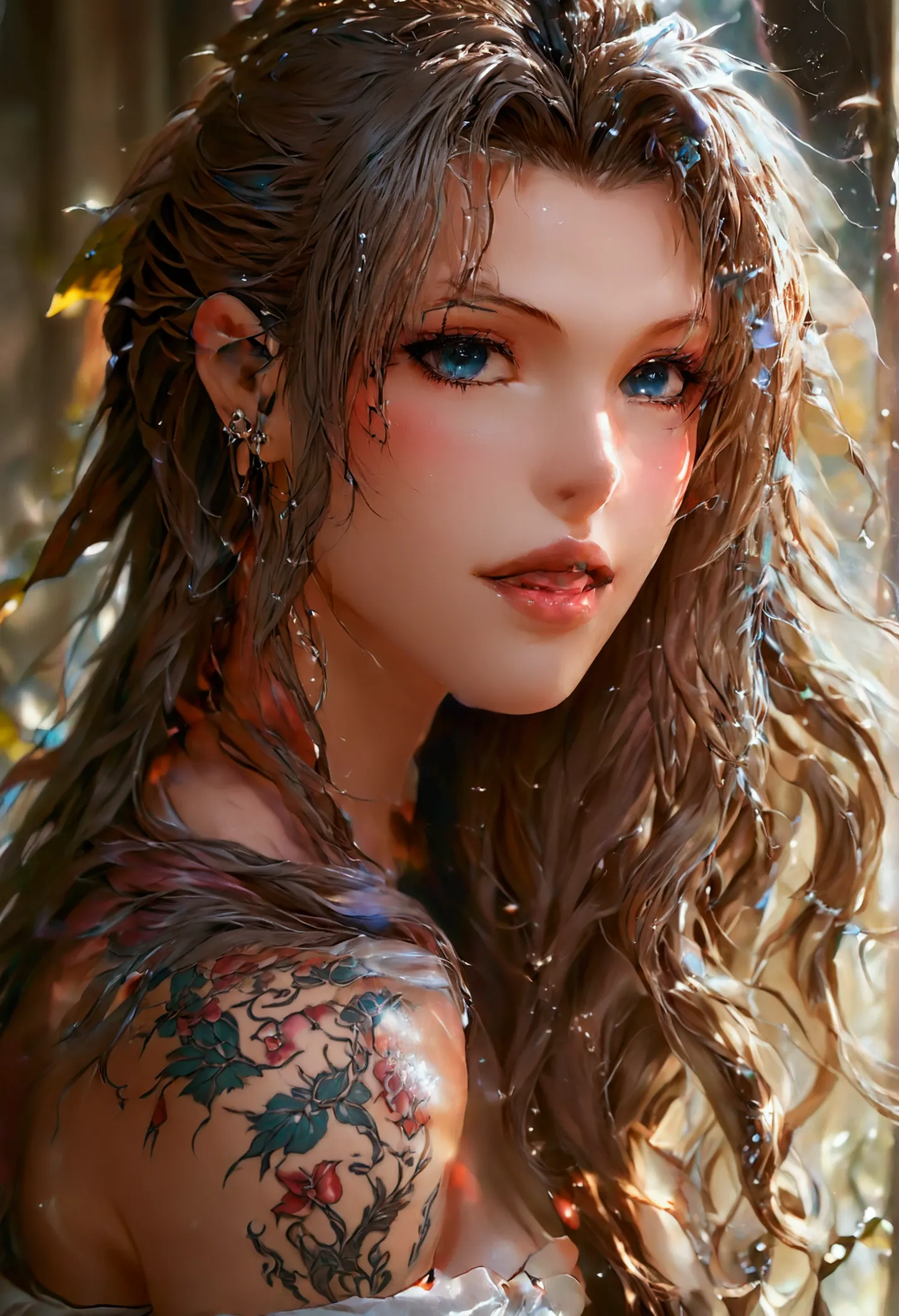 create a hyper detailed photograph of a tattooed muscular young sexy aerith, stunningly perfect gorgeous feminine face, perfect ...