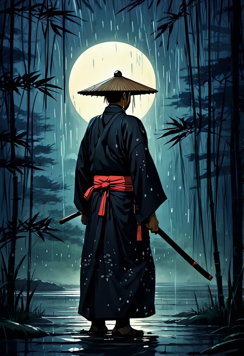 Midjourney, mj, Midjourney style, poster, light background, Close-up, (Best Quality,ultra detailed),dark,wet,artificial raindrops falling,ancient japanese warrior standing in the rain,japanese traditional bamboo hat(fail),dense forest landscape,majestic and serene nature,full moon shining brightly in the night sky,black kimono with fluorescent red stripes that glow in the moonlight,samurai sword sharpened and drawn(katana),