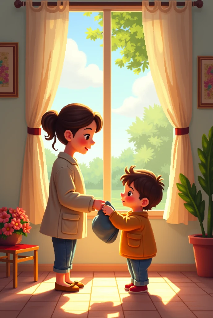 masterpiece, Highest quality, 8k, high details, Cute pixel art:1.3, A mother is handing her child a hat and a coat in a cozy, sunlit room. The child looks excited as they prepare to go to the park. Outside the window, a green park can be seen, inviting and peaceful. The room is filled with soft, warm colors, and the mother’s expression is caring and attentive.