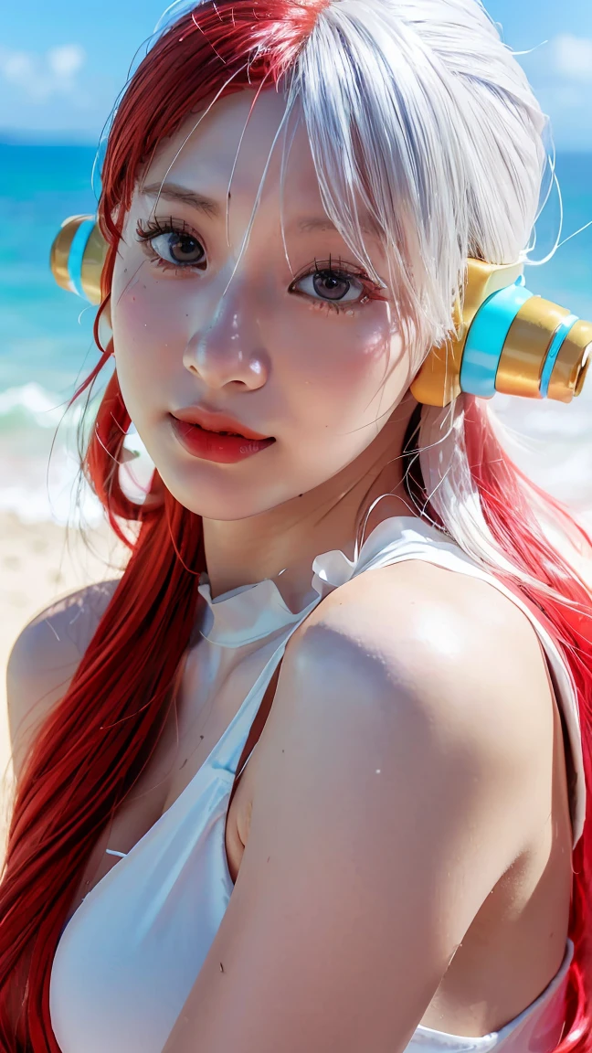 One person,uta in anime onepiece,Red and white hair,Red eyes,beautiful,White clothes,Ocean Background,(Highest quality,4K,8k,High resolution,masterpiece:1.2),Very detailed,(Realistic,photoRealistic,photo-Realistic:1.37),Red lips,Portraiture,anime,Soft lighting,Vibrant colors,Strong Shadows,Subtle highlights,Bokeh