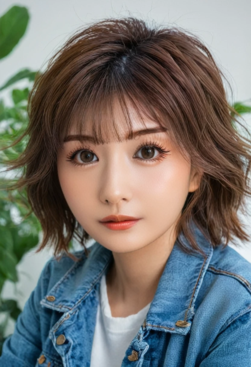 HIMESANA, ( Sony Alpha a7 III taken Photography, 8k, 32k, High Resolution, Highest quality, 8K, 32k, (Detailed and clear eyelash::1.5), Candid Shot, masterpiece), (upper body shot::1.2), waist-up shot,  Natural pose, Soft light, Detailed Skin, Rough Skin, Detailed Eylashes, RAW Photo, a woman in a denim jacket sitting at a table with a plant in the background, 20 yo girl, denim jacket