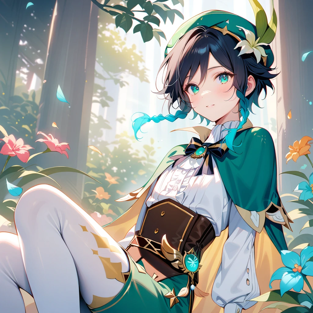 (best quality,4k,8k,highres,masterpiece:1.2),1boy,venti genshin impact,male focus,flat chest,ultra-detailed,realistic,(dsmile:0.5),morning of spring,delicate light rays,rich color palette,elegant curves,effects of light and shadow,flower petals falling,springtime essence,ethereal atmosphere,peaceful garden background,morning dew,soft sunlight filtering through trees,lush plants,komorebi,vividly colored blossoms,transcendent beauty,awe-inspiring artwork,white long-sleeved shirt, brown corset,green shorts, white tights,green cape,hat,brooch,green eyes,wise and kind god,cinematic lighting, ray tracing, UHD, high details, high quality, award winning, super detail,wind magic