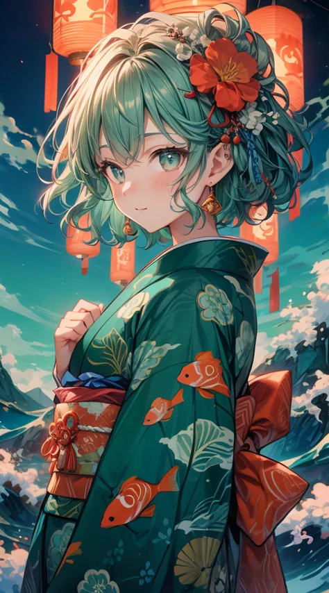 a personified character representing miyagi prefecture, japan. the character has medium-length, wavy hair in a deep sea-green co...