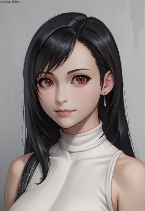 an anime with black hair wearing a white turtleneck top, realistic art style, cute realistic portrait, painting a portrait of ro...