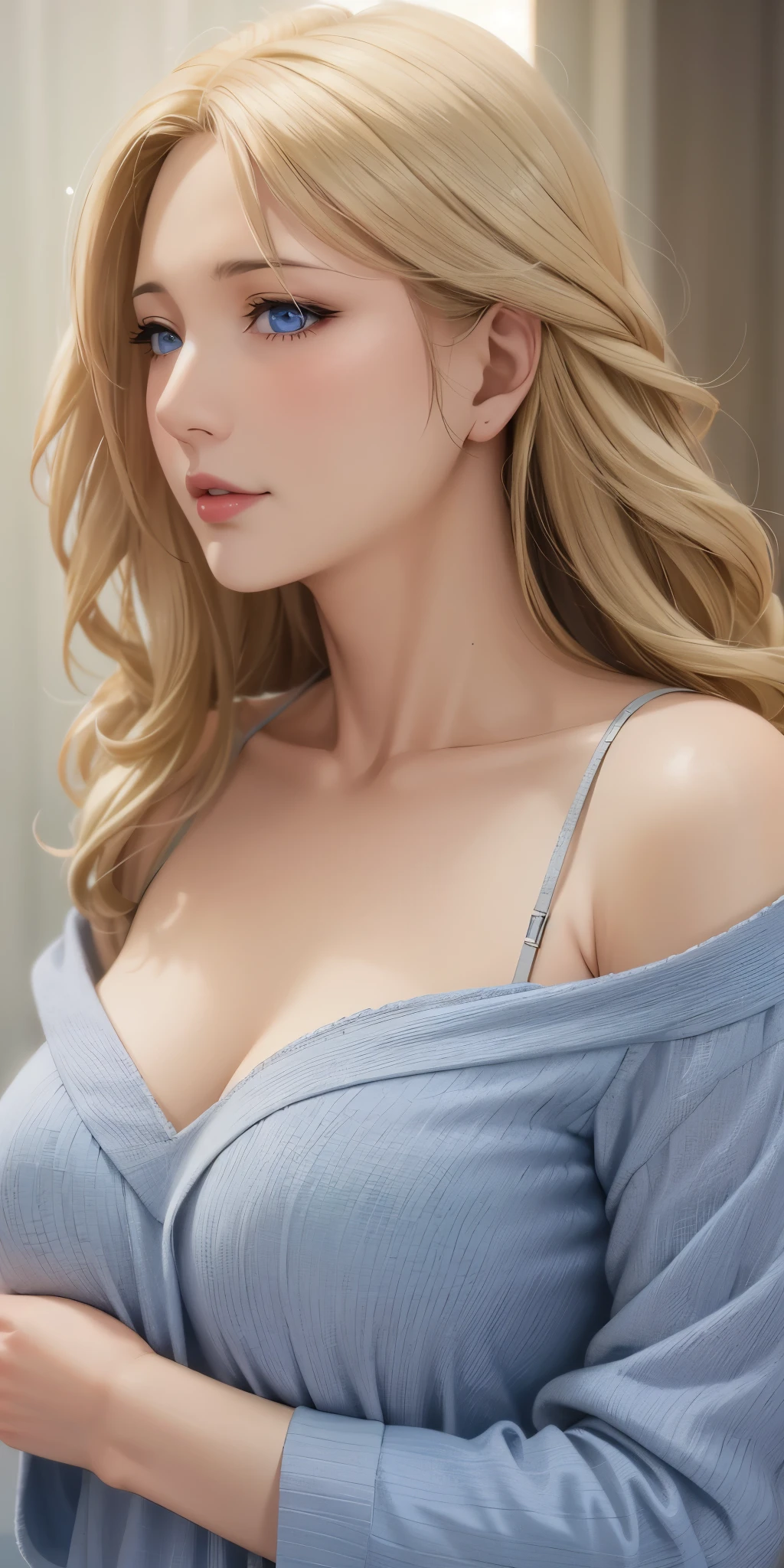 Elegant mature female, milf, blonde hair, blue eyes, soft light, high quality, high detailed, 4k resolution, beautiful cg