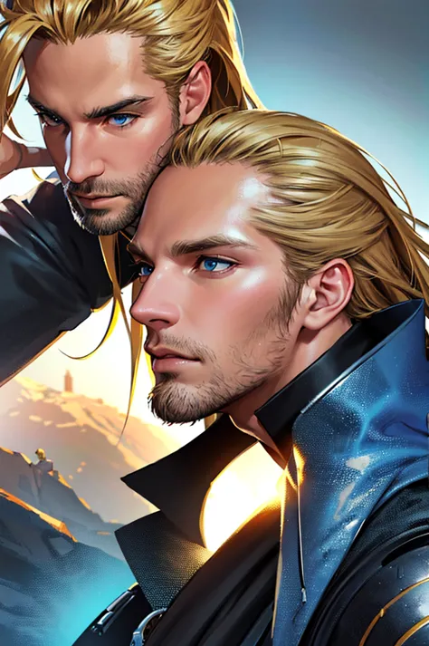 a man in his 30s, long blonde hair, sparse beard, blue eyes, determined expression, wearing a black tactical jacket, cinematic l...