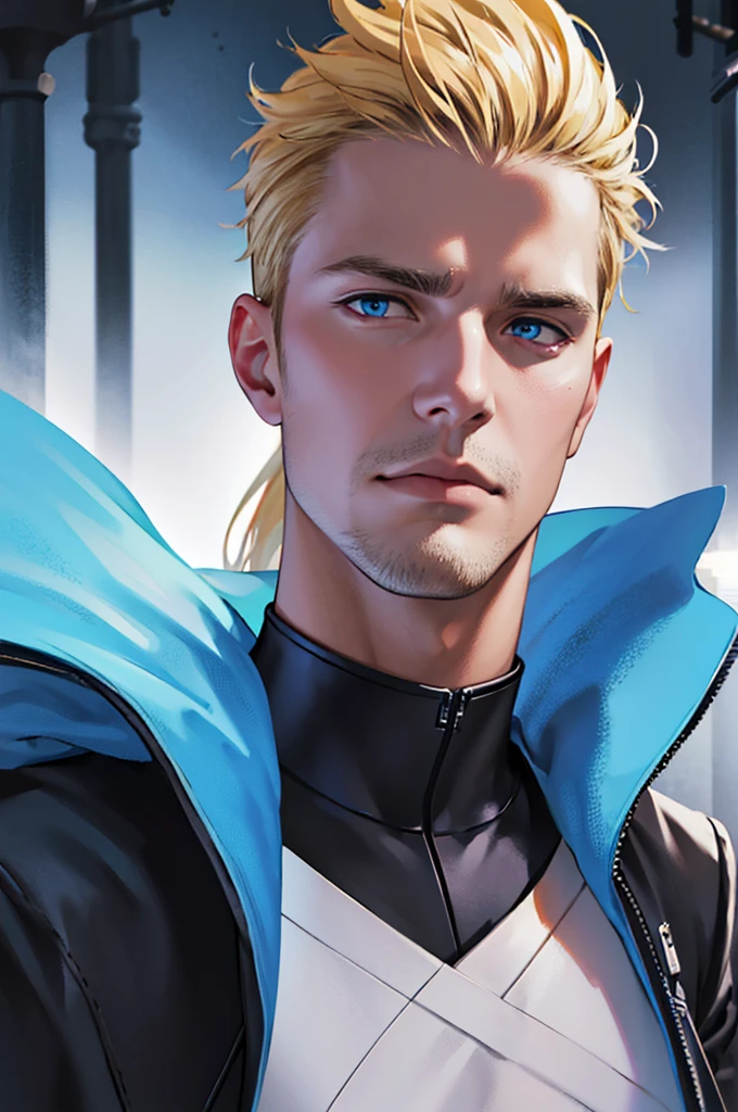 a man in his 30s, long blonde hair, sparse beard, blue eyes, determined expression, wearing a black tactical jacket, cinematic lighting, dramatic pose, 8k, photorealistic, hyper detailed, exquisite facial features, sharp focus, digital art, concept art, sci-fi, realistic, masterpiece