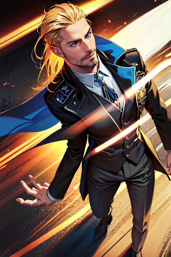 a man in his 30s, long blonde hair, sparse beard, blue eyes, determined expression, wearing a black tactical jacket, cinematic lighting, dramatic pose, 8k, photorealistic, hyper detailed, exquisite facial features, sharp focus, digital art, concept art, sci-fi, realistic, masterpiece